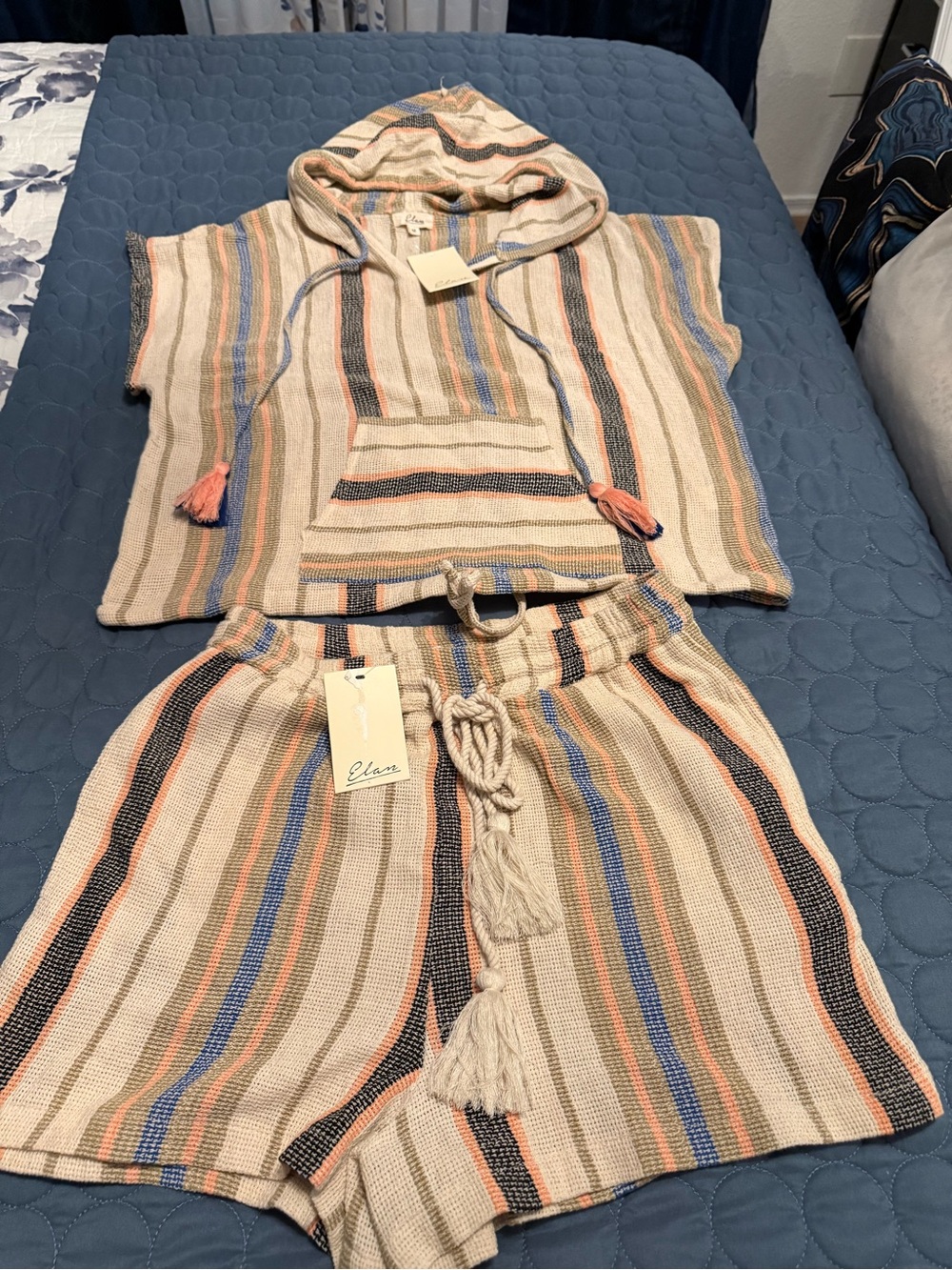 Striped Hooded Knit Set with Shorts - Neutral & Pastel Stripes
